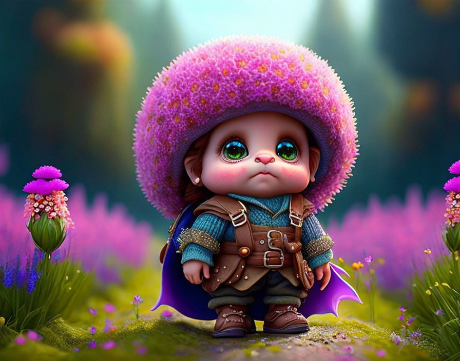 Cute animated character in blue outfit and pink hat in colorful fantasy landscape