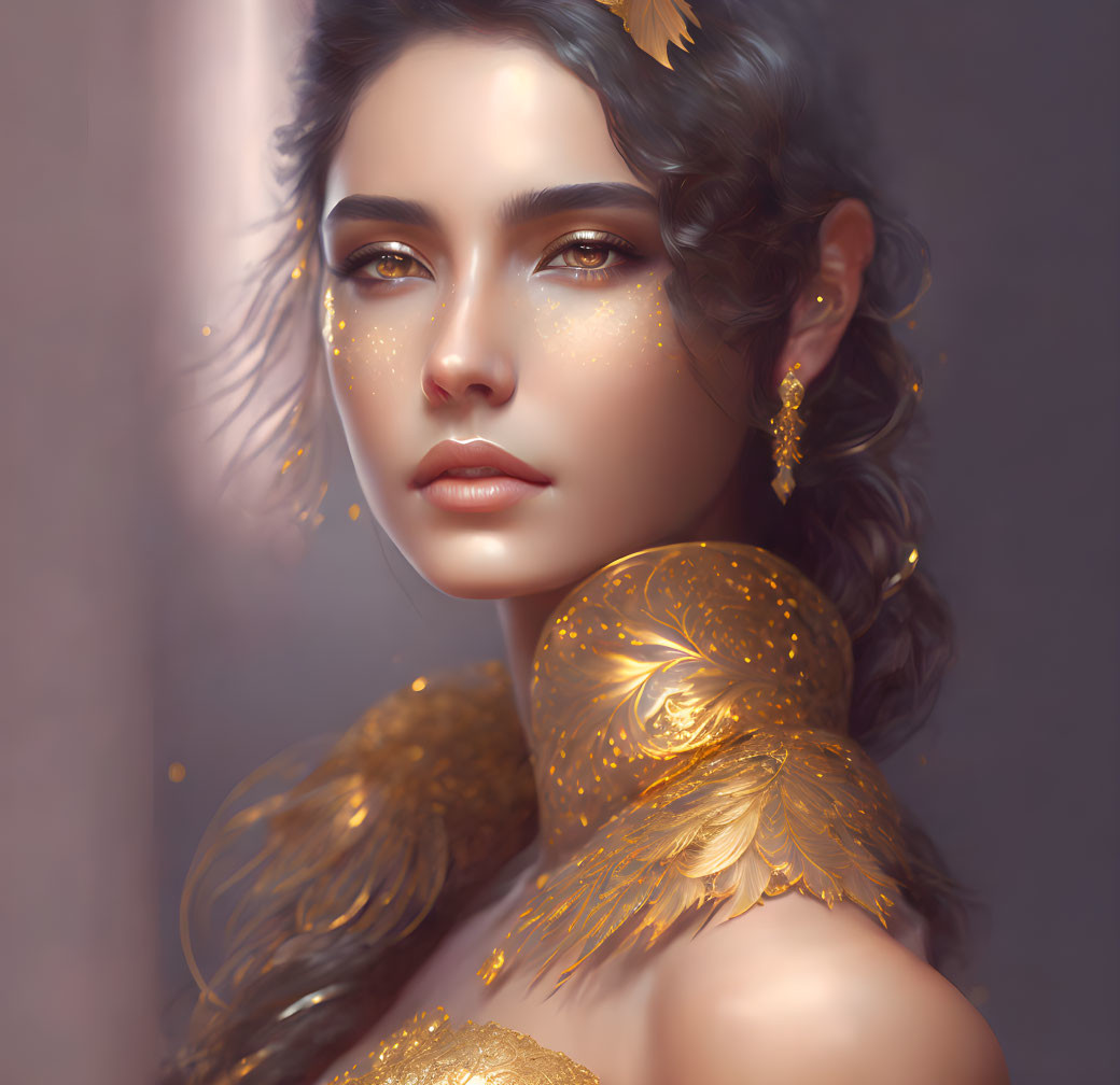 Golden embellished woman portrait with shimmering skin and feathers on soft background