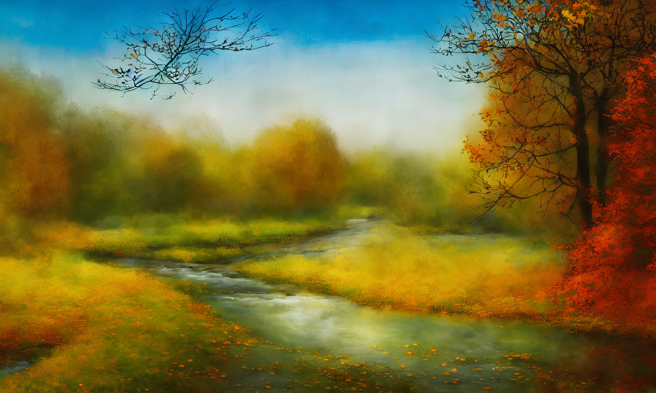 Tranquil autumn landscape with colorful trees and gentle stream