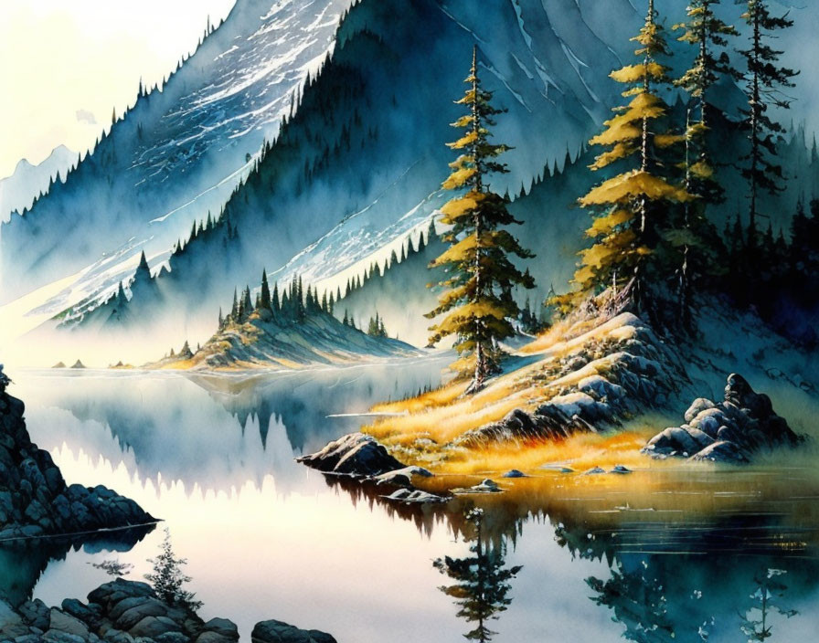 Tranquil watercolor landscape of serene lake and misty mountains