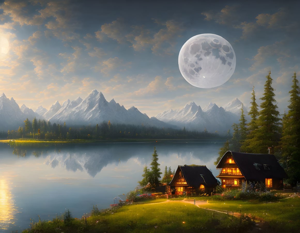 Twilight lakeside scene with cozy houses, mountains, reflection, and full moon