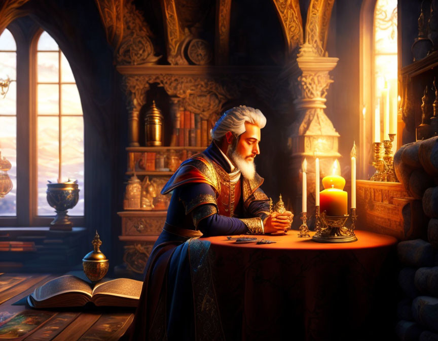 Historically attired man sitting at table with candle, quill, and book in warm sunset glow