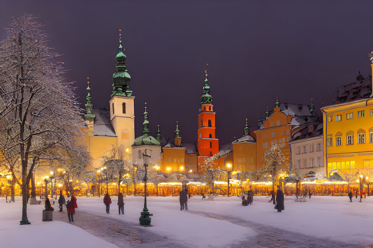 Snowy Evening Scene: Vibrant Market Square with Illuminated Buildings, Pedestrians, and Bare