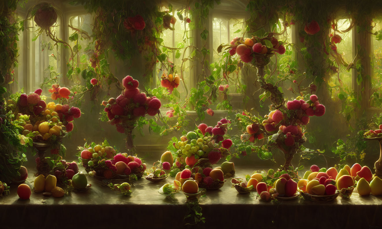 Vibrant indoor garden with ripe fruits under soft sunlight