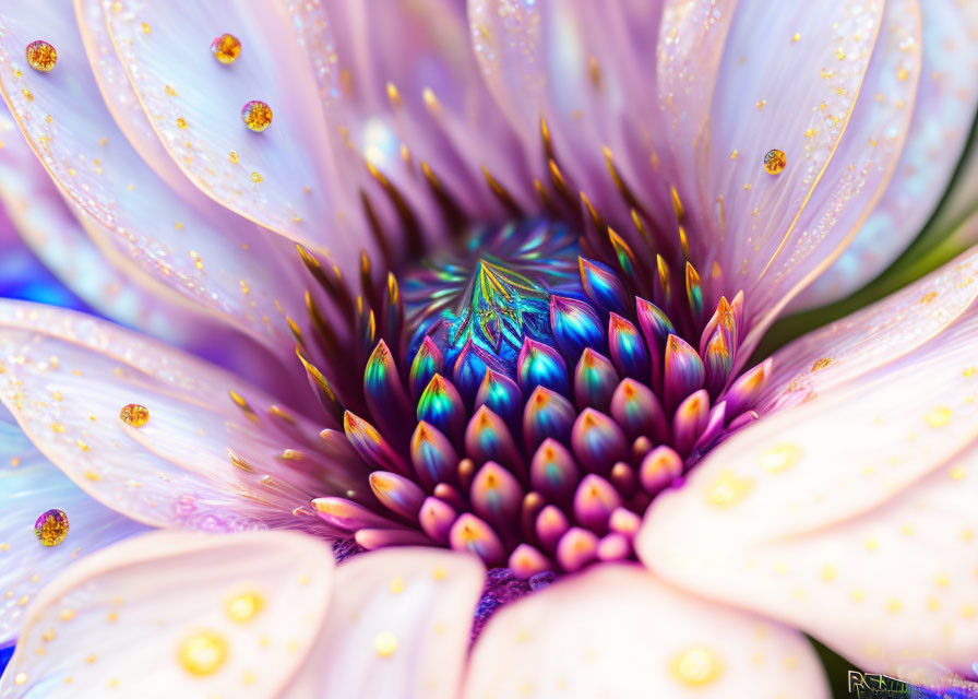 Vibrant digitally enhanced flower with pink petals and gold speckles, iridescent blue and