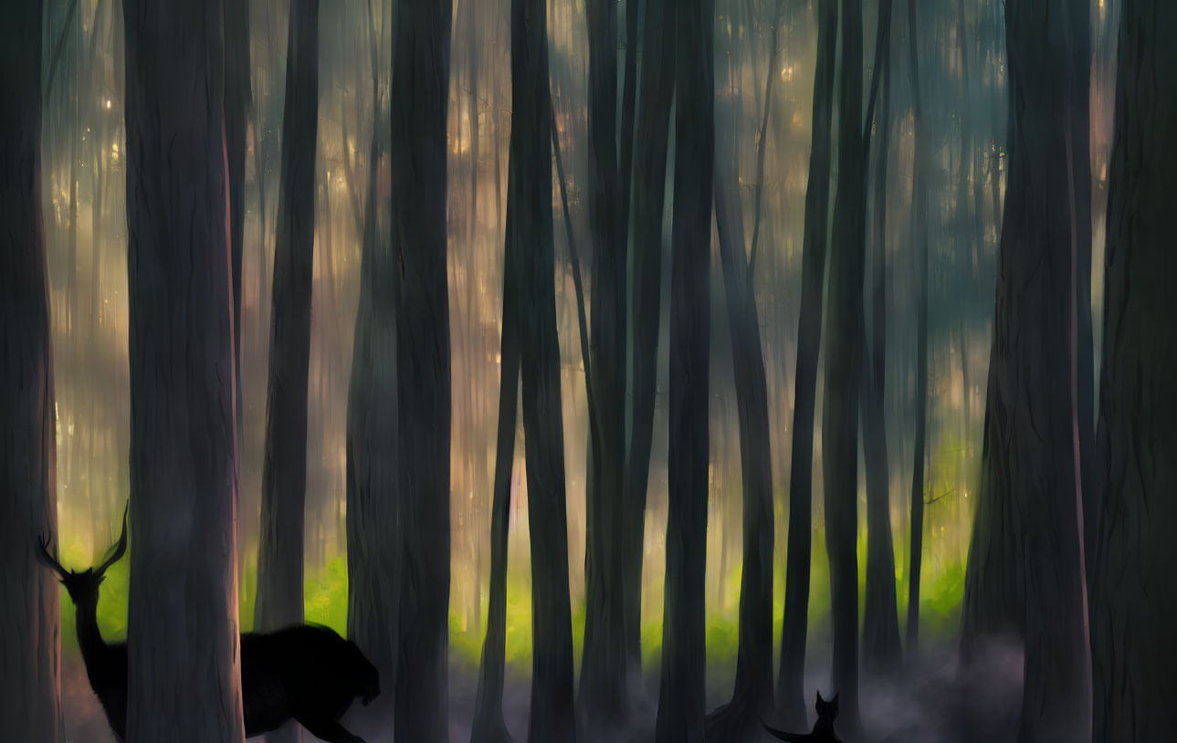 Enchanting forest scene with deer silhouettes and tall trees