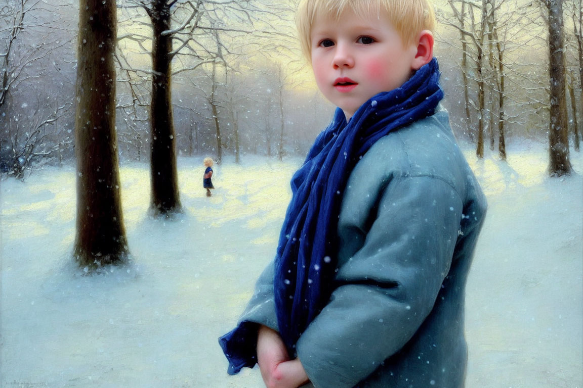 Child in winter coat and blue scarf gazes in snowy forest with another person.