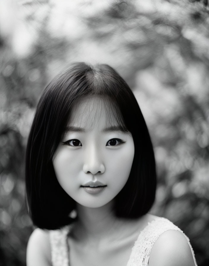 Monochrome portrait of young woman with bobbed hair and expressive eyes