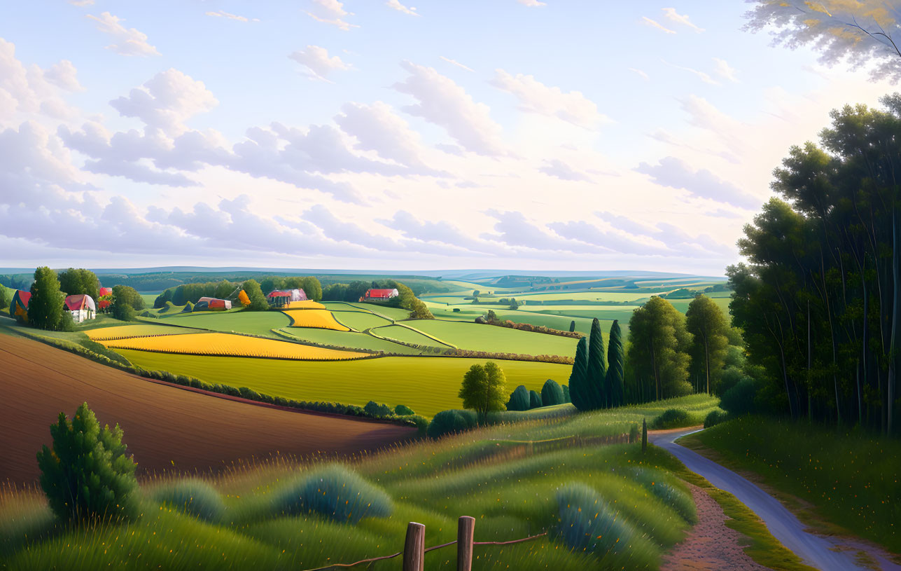 Scenic rural landscape with rolling fields, farms, winding path, and lush trees