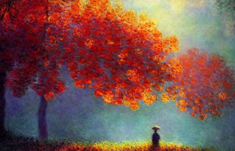 Person under vibrant orange autumn trees in misty landscape