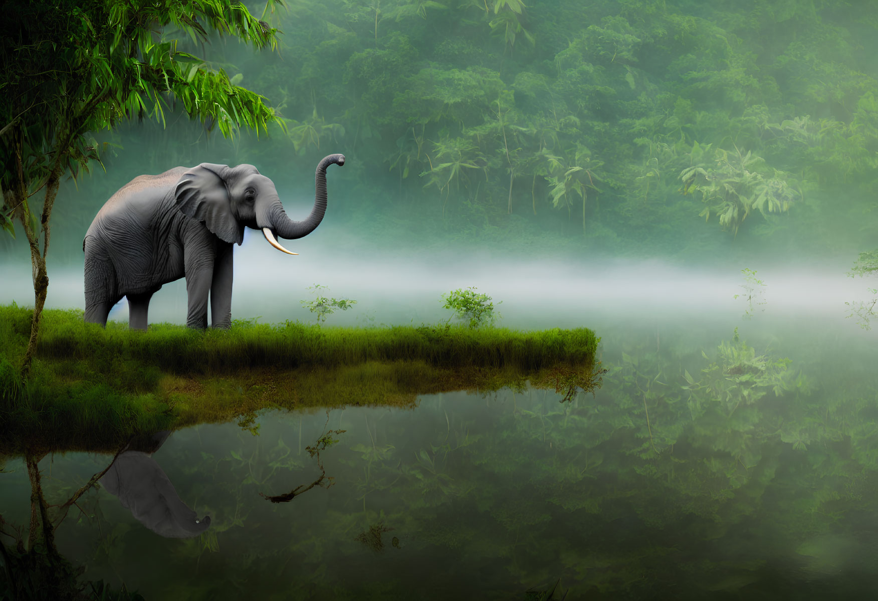 Elephant by serene water in misty forest landscape