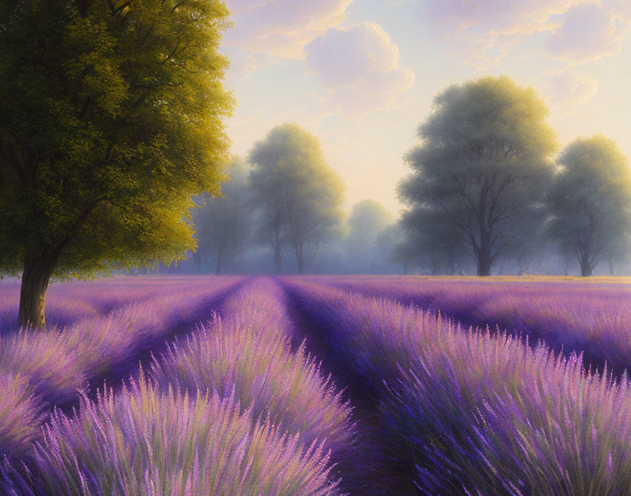 Tranquil Sunrise Lavender Field with Purple Blooms and Misty Trees