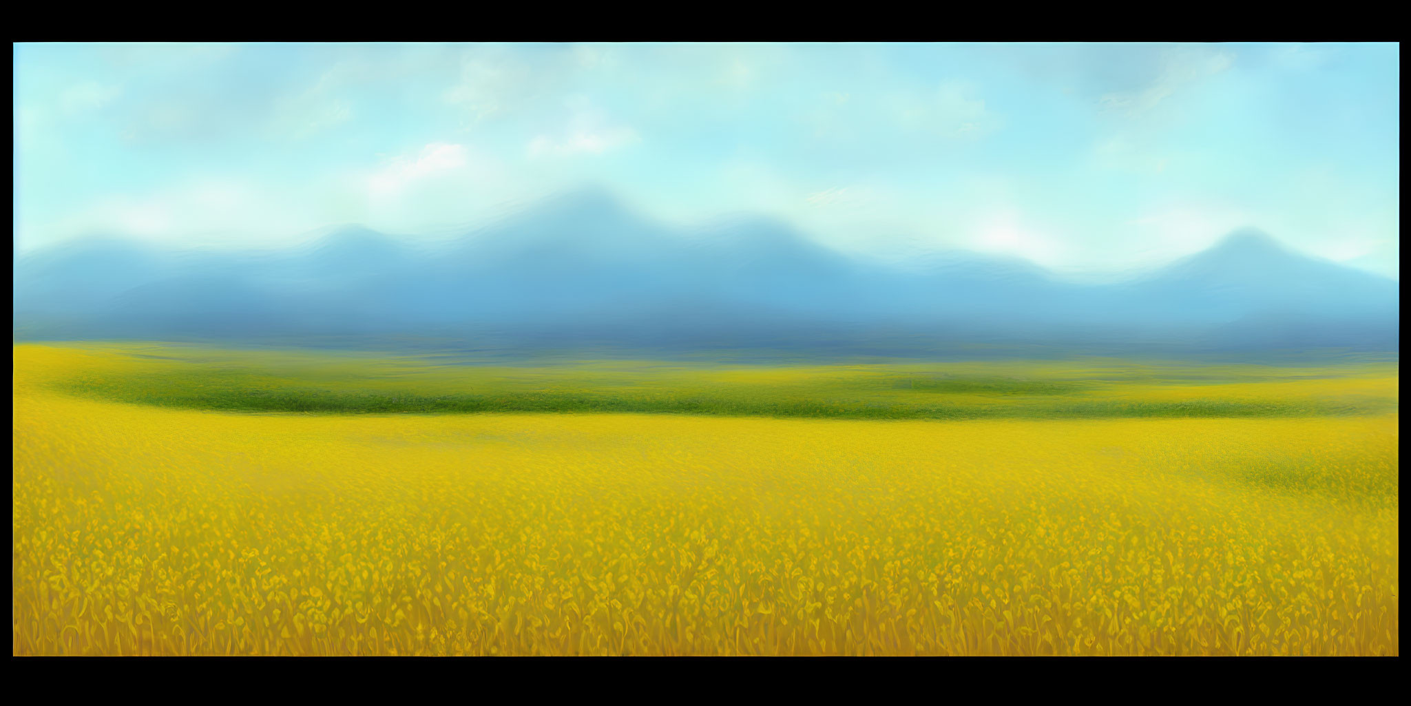 Scenic yellow flower field with misty blue mountains