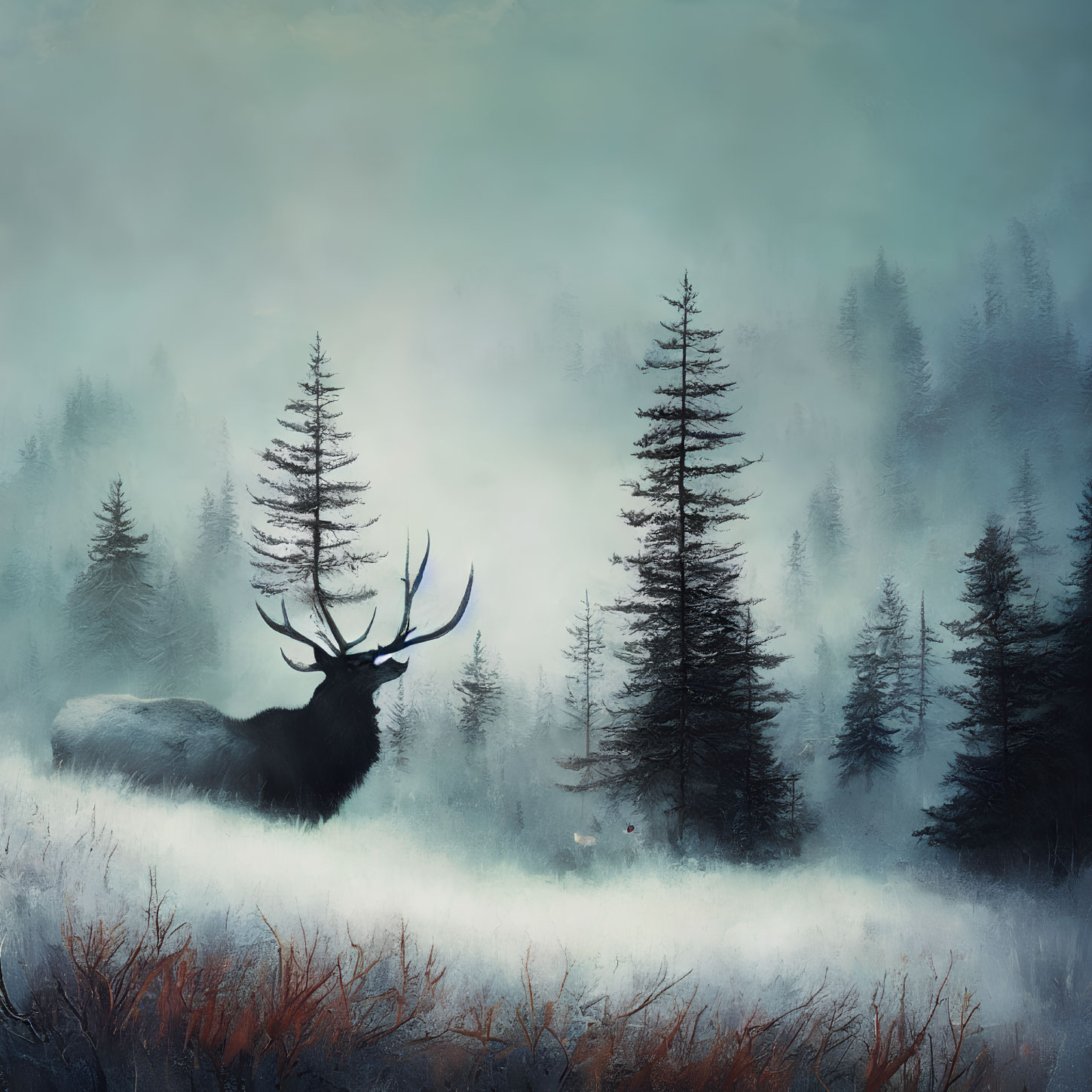 Majestic stag in serene, foggy forest with tall pines