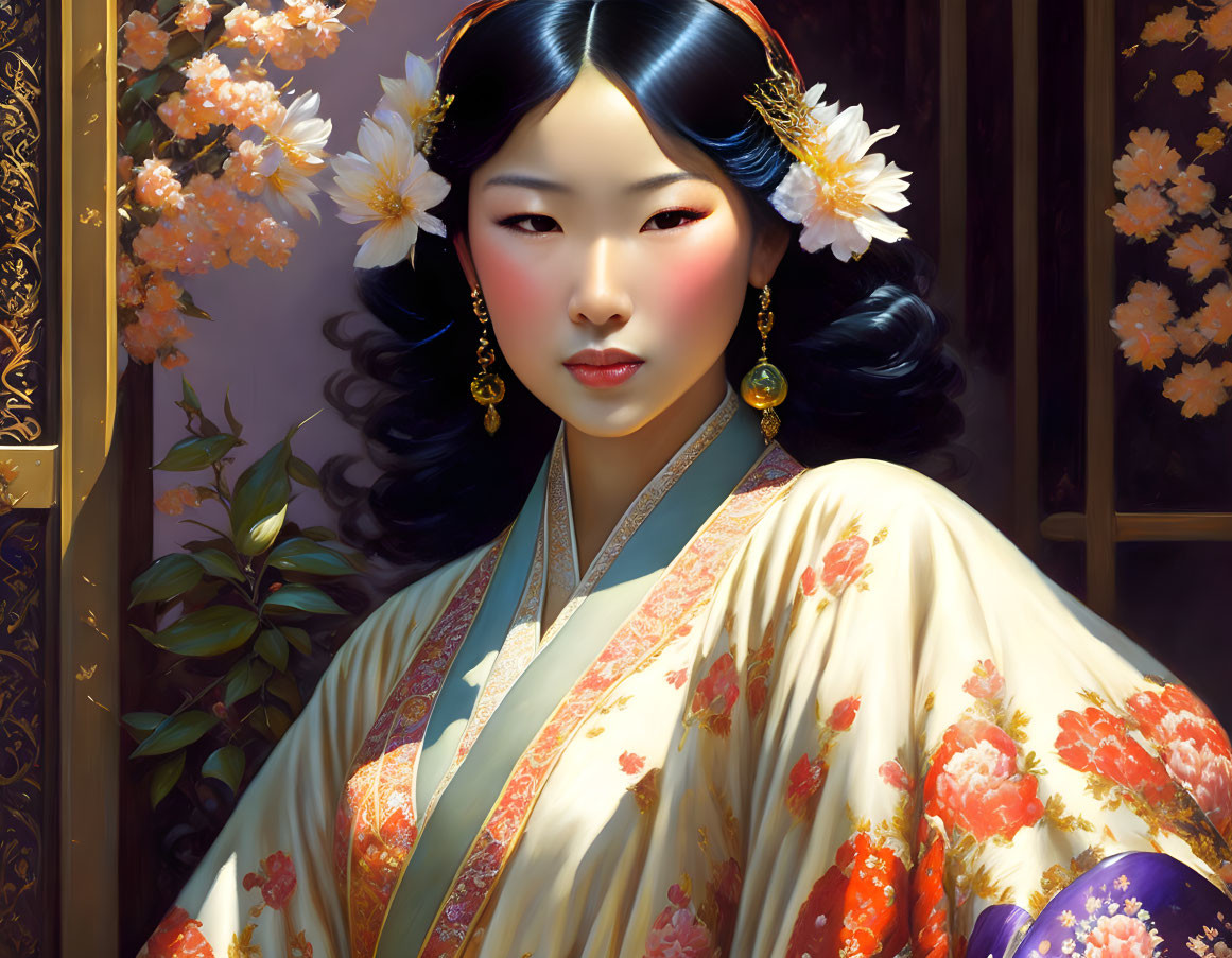 Illustration of East Asian woman in floral kimono with dark hair and gold jewelry