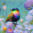 Colorful Bird and Flowers Digital Artwork with Bubbles on Blue Background