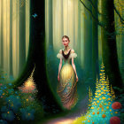 Woman in Elegant Green Dress Walking in Enchanting Forest