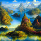 Colorful mountain landscape with autumn trees, lakes, boats, and distant castle