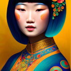 Colorful illustration: Woman with blue hair in Asian attire on yellow background