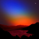 Scenic dusk sky with crescent moon over mountain range and lake