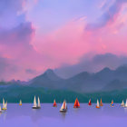 Tranquil Lake with Sailboats, Purple Mountains, and Pastel Sunset Sky