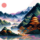 Stylized landscape with layered mountains, reflective lake, flora, and large sun