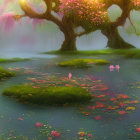 Tranquil fantasy landscape with flowering trees, serene pond, and colorful flowers