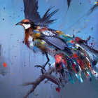 Abstract digital artwork featuring stylized birds in paint splatters and strokes on a cool-toned backdrop