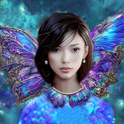 Ethereal portrait of a woman with purple feather wings and cosmic backdrop