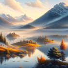 Serene Lake Scene with Sailboats, Autumn Trees, and Mountains