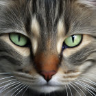 Fluffy tabby cat with green eyes and whiskers.