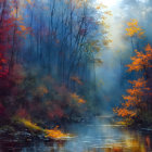 Tranquil forest scene: river, autumn trees, mist