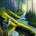 Wolf by serene stream in mystical forest with light beams & lush greenery