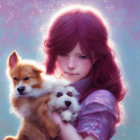 Girl with Wavy Purple Hair Holding Two Puppies in Dreamy Pastel Setting