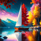 Colorful Autumn Landscape: Trees, Lake, Cliff Walls, Sunset Sky