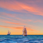 Tall-masted sailing ships on tranquil ocean at sunset