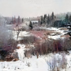 Snow-covered Riverbank in Serene Winter Landscape