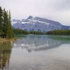 Tranquil landscape with reflective lake, pine trees, and mountains under cloudy sky