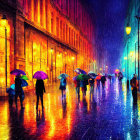 Colorful night cityscape with glowing storefronts, pedestrians carrying umbrellas, rain-soaked streets,