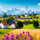 Scenic village with church, houses, green fields, and mountains