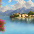 Tranquil lake mirroring mountains, classical building, lush greenery, pink flowers