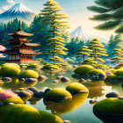 Tranquil landscape painting with lush greenery and blossoming trees