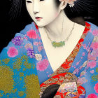 Illustration of woman in floral kimono with traditional Japanese hairstyle.