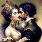 Historical attire couple with man kissing woman's forehead on golden background