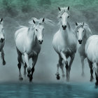 Four White Horses Running Through Foggy Environment