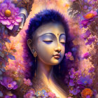 Digital Art: Woman with Purple Floral Surroundings and Vibrant Headdress