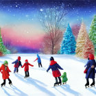 Winter village scene: people ice skating on frozen path amidst colorful houses and snow-covered trees at twilight