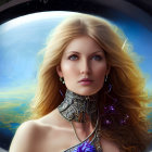 Digital artwork: Woman with golden hair and jewelry in space backdrop