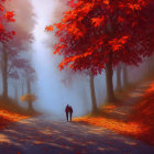 Tranquil forest path with red trees, two people, and a dog walking