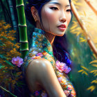 Digital painting of woman with Asian features in floral garb, surrounded by bamboo and foliage.